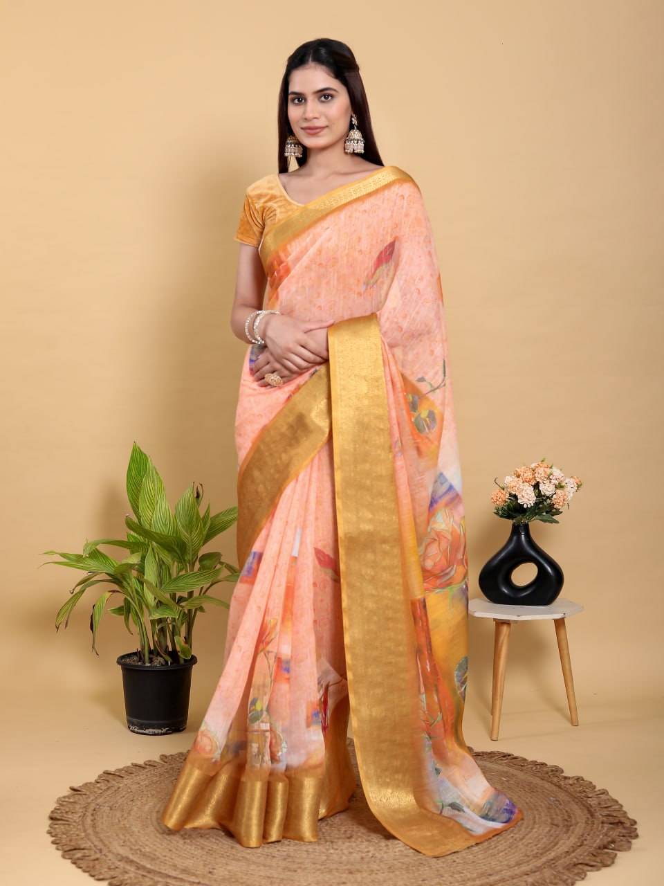 Abstract Peach & Gold Floral Linen Cotton Saree | Jacquard Patta Saree with Antique Gold Border